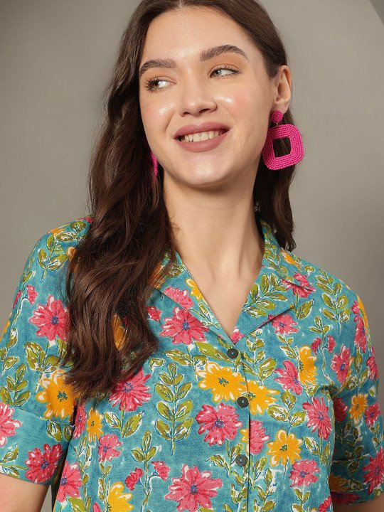 Floral Print Roll-Up Sleeves Cotton Shirt Style Crop Top