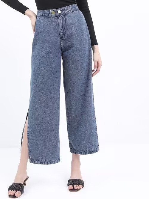 Women solid high rise wide leg jean