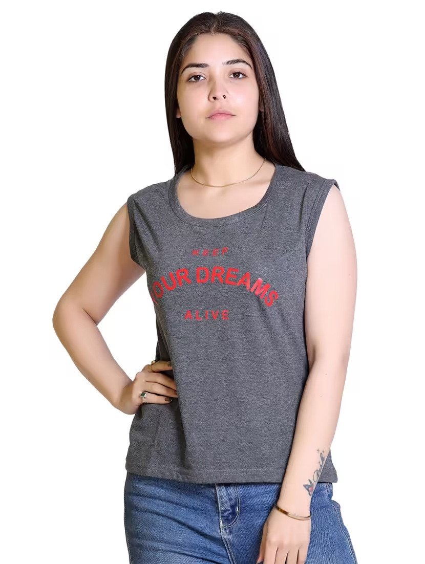 Chest print round neck t-shirt