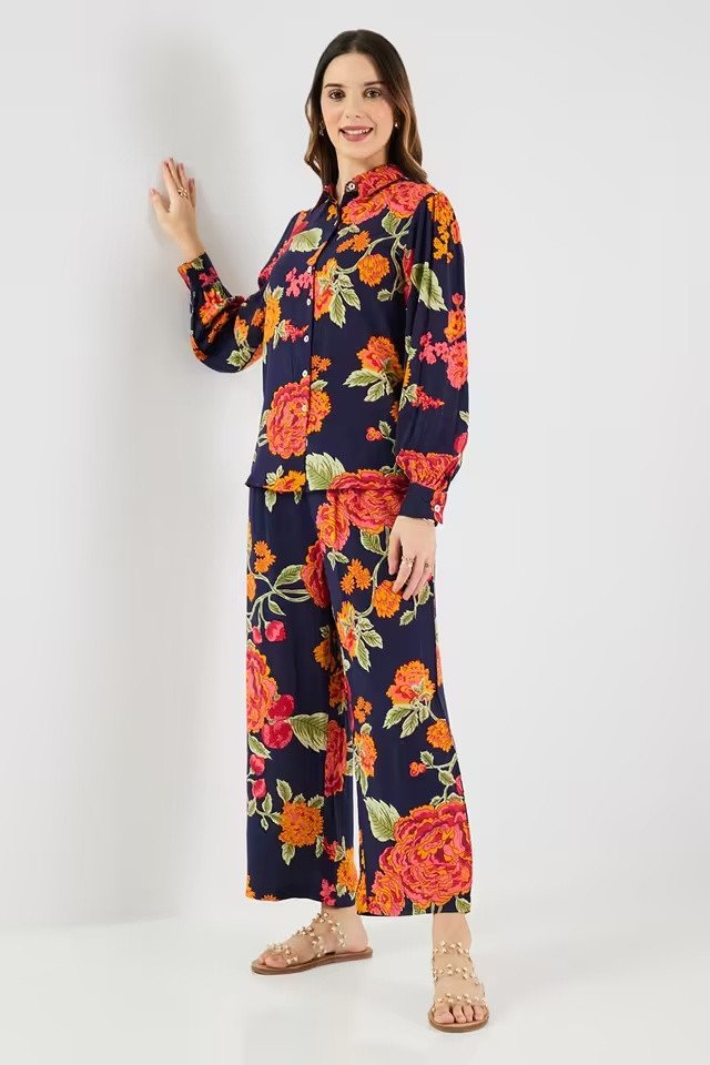 Printed Blended Fabric Collared Women's Co-Ord Set