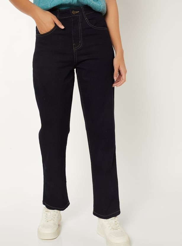 Women Washed High Rise Slim Straight Blank Jeans