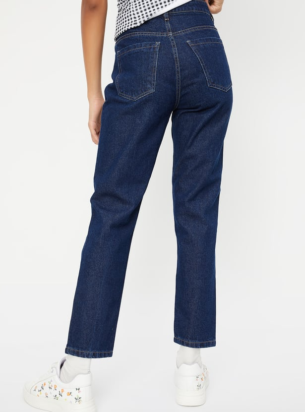 Women Washed High Rise Mom Fit Jeans